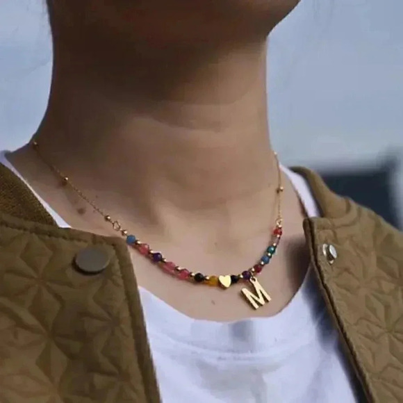 Crystal Beaded Gold Initial Necklace - Stainless Steel -Heart - Handmade - Picture 4 of 4